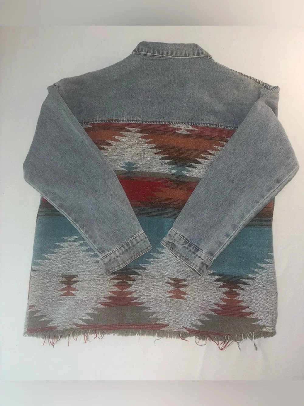 Oversized AztecDenim Shacket with Multicolor Southwestern Panel Sz S